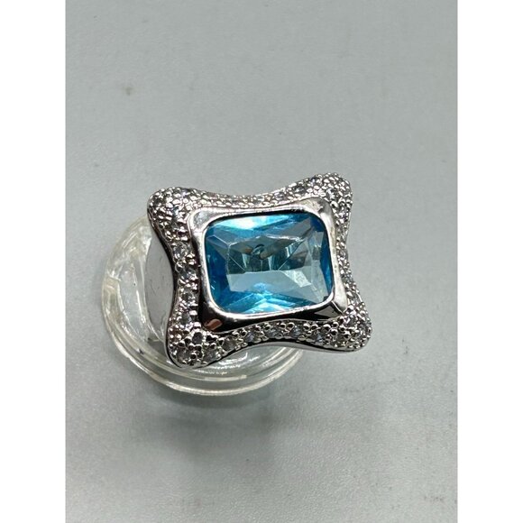 Blue Aquamarine Glass Ring Size 7 Silver Tone Free Form Modernist Ring - Picture 9 of 12